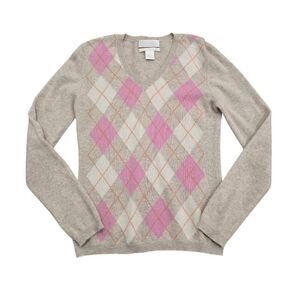 Geneva Sweater Women's Small Tan Knit 100% Cashmere V-Neck Argyle Pullover Gorpc